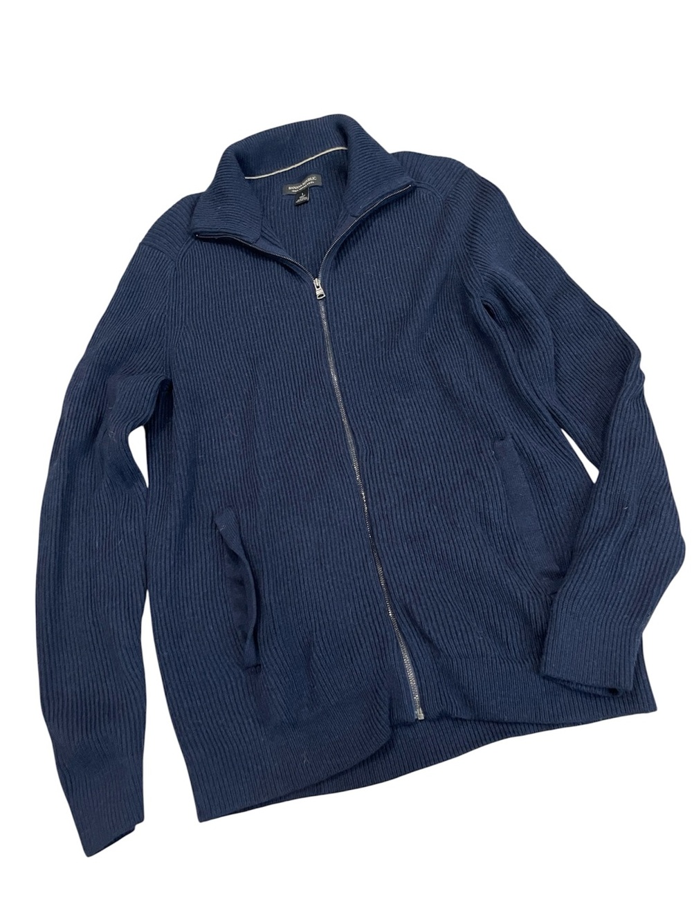 Banana Republic Merino Wool Full Zip Sweater Jacket Mens L Navy Black Quiet Lux